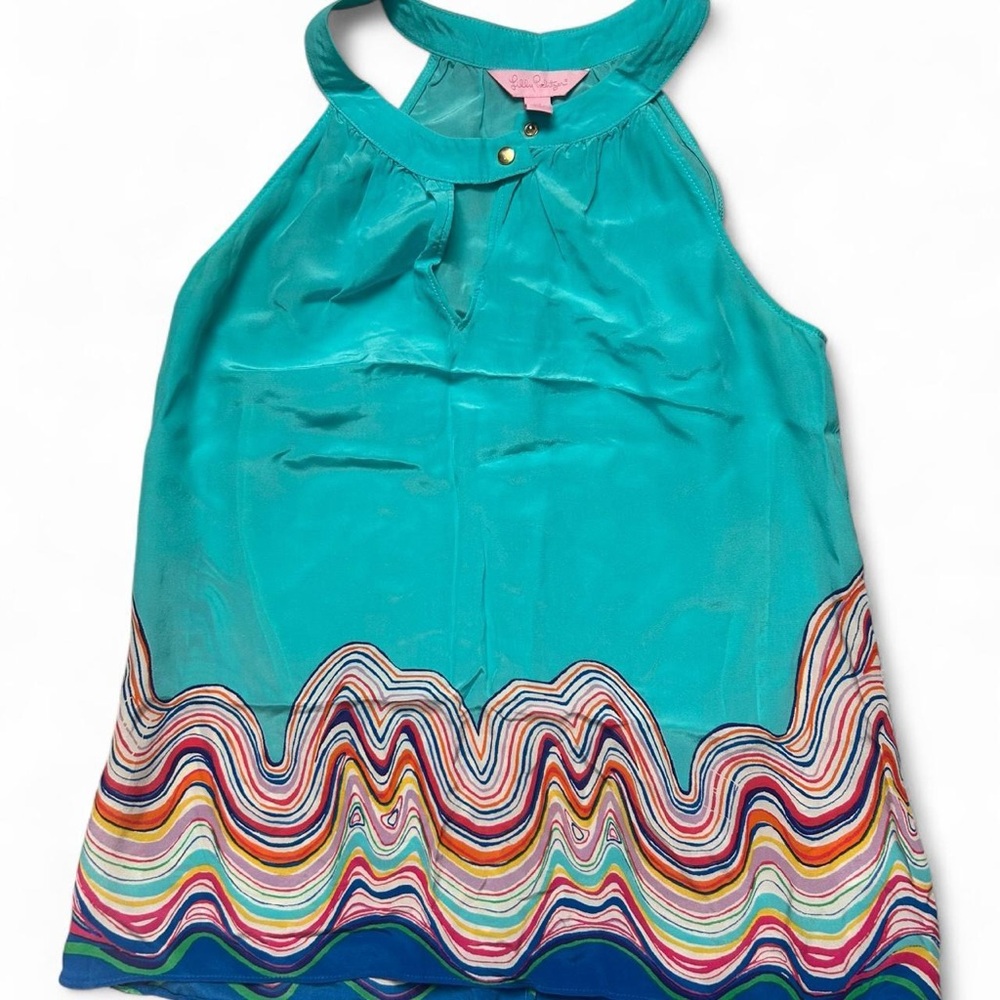 Lilly Pulitzer XS Halter Tank Top – Aqua Blue w/ Multicolor Wave Hem